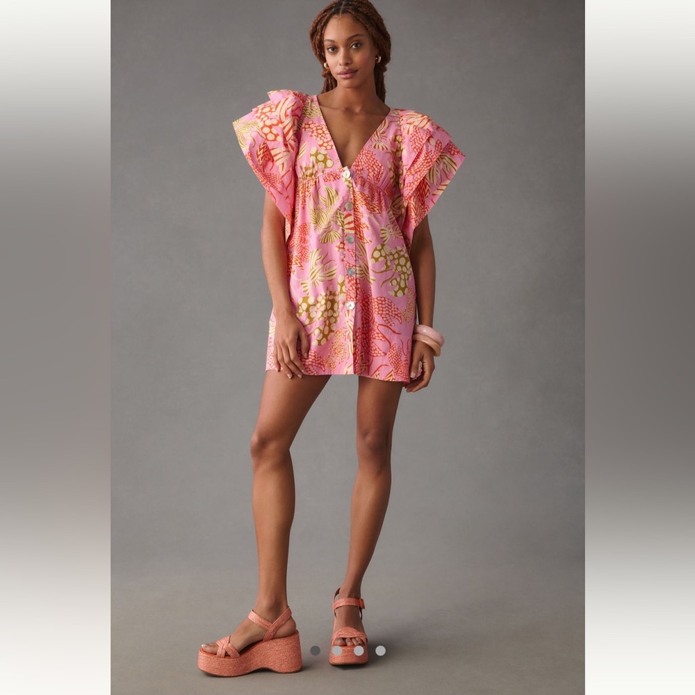 Anthropologie Farm Rio Mixed Lobsters Pink Ruffle Sleeve Mini Dress S